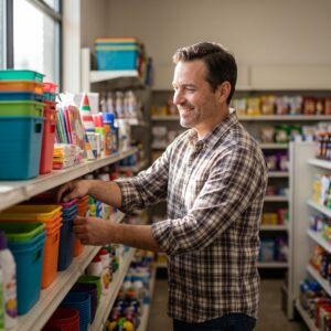 A friendly store owner happily organizing a diverse, colorful, and unbranded display of merchandise on a modern retail shelf. 