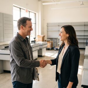 A professional setup supervisor in neat casual wear shaking hands warmly with a happy new store owner inside a bright, newly fixtured, empty retail space.