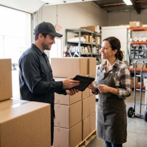 A store owner in an apron receiving a delivery, interacting warmly with a delivery driver holding an unbranded digital clipboard. 